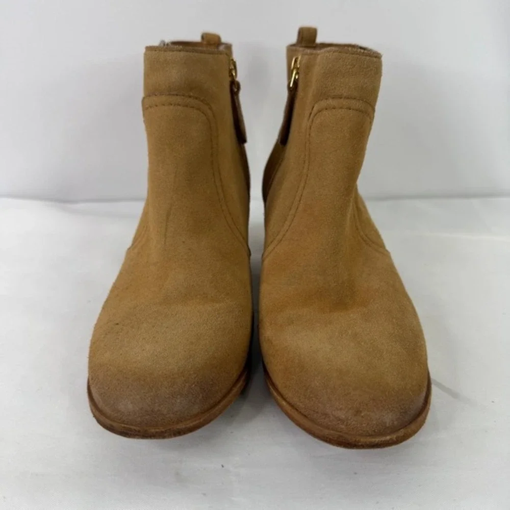 Tory Burch Sabe Tan Suede Ankle Boots Leather Sole Block Heel Brazil 7.5M‎